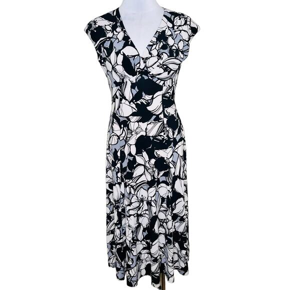 Jones New York Midi Dress 4 Black White V-Neck Cap Sleeve Floral Empire Waist - Picture 1 of 8